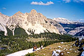 Parco Naturale Fanes-Senes-Braies. Escursione al Rifugio Fanes. Dopo il passo di Limo la strada si sviluppa verso nord e la vista si apre sulla Cima Furcia dai Fers.